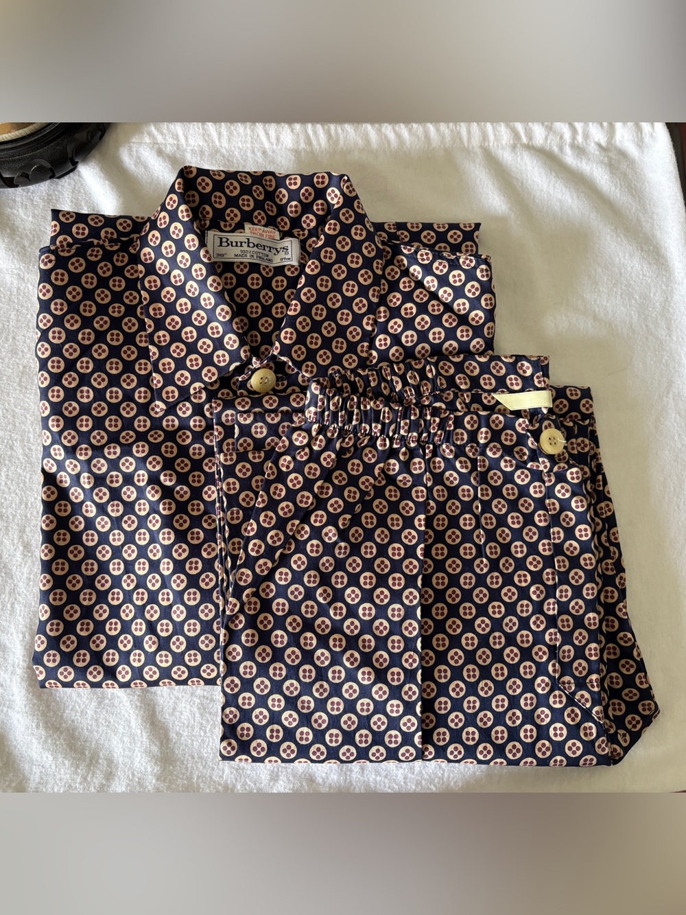 Vintage Burberrys Men Sz 38 PAJAMA SET Navy Blue Geometric Circles Cotton NEW